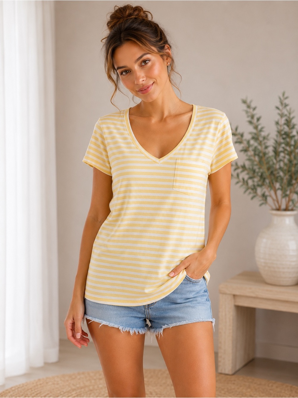 Garnet Hill Organic Cotton Striped Tee Yellow White Size XS